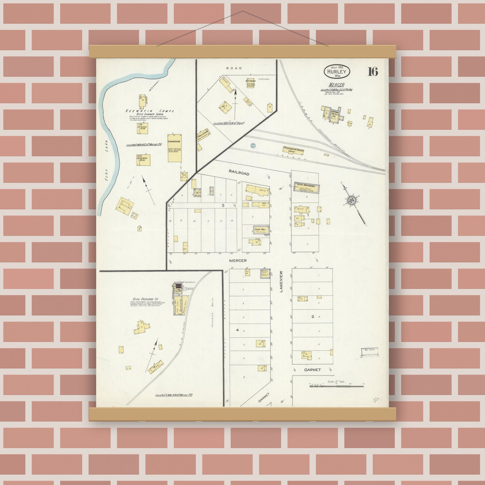 Old map wall art mockup — magnetic wood frame on brick wall — Sanborn Fire Insurance Map from Hurley, Iron County, Wisconsin (1913), Sheet #0016