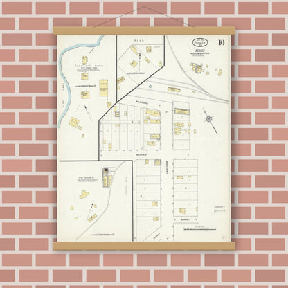 Old map wall art mockup — magnetic wood frame on brick wall — Sanborn Fire Insurance Map from Hurley, Iron County, Wisconsin (1913), Sheet #0016
