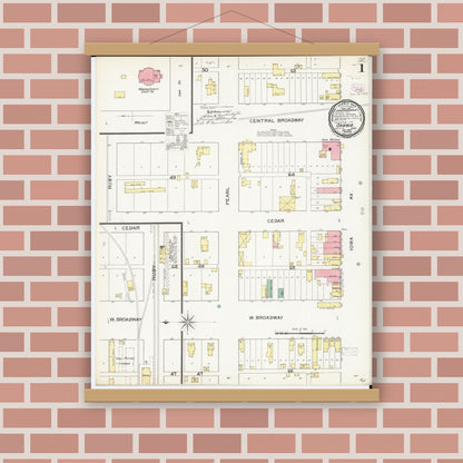 Old map wall art mockup — magnetic wood frame on brick wall — Sanborn Fire Insurance Map from Onawa, Monona County, Iowa (1893) â€” Complete Set