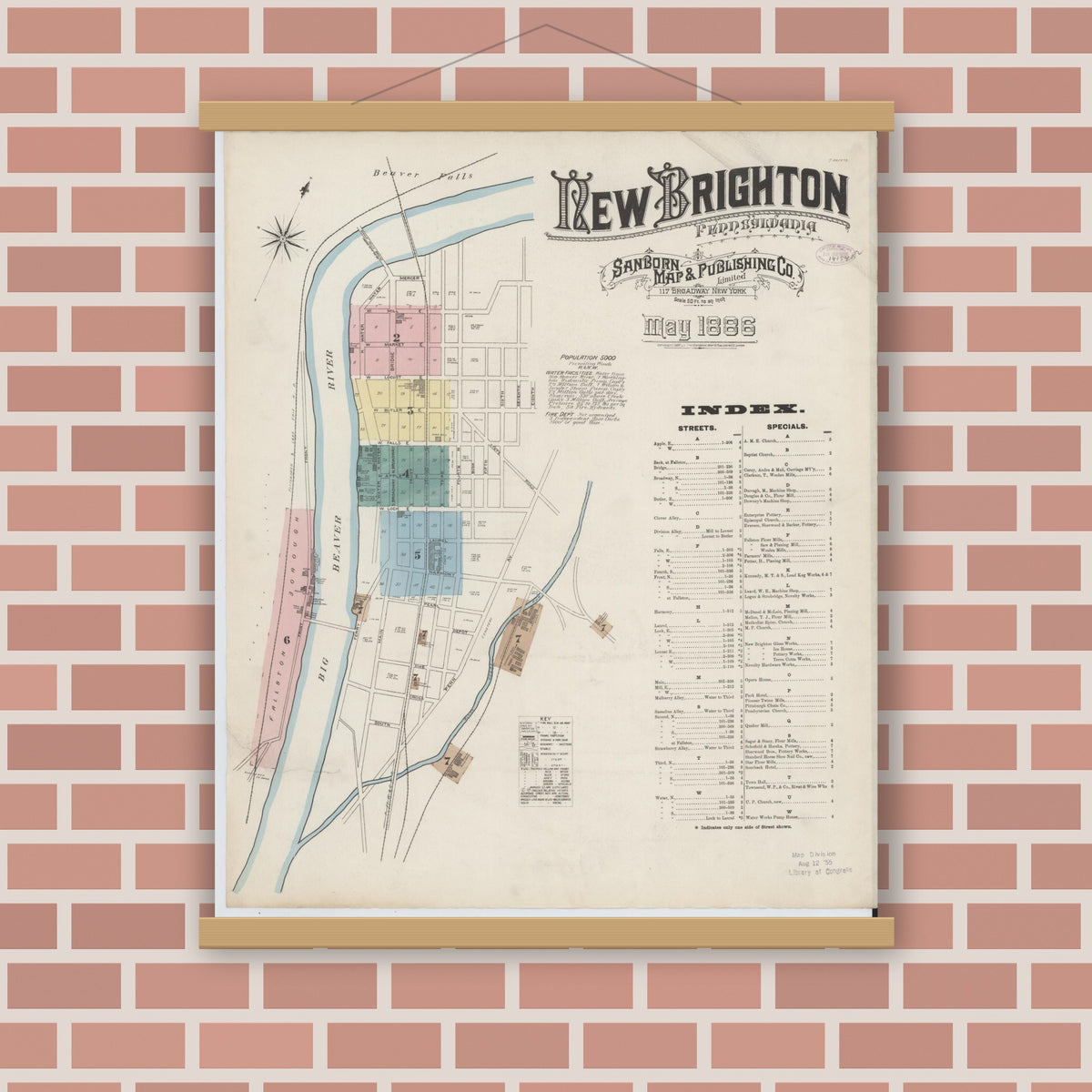 Old map wall art mockup — magnetic wood frame on brick wall — Sanborn Fire Insurance Map from New Brighton, Beaver County, Pennsylvania (1886), Sheet #0001