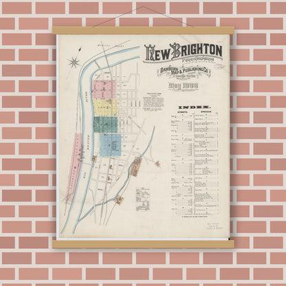Old map wall art mockup — magnetic wood frame on brick wall — Sanborn Fire Insurance Map from New Brighton, Beaver County, Pennsylvania (1886), Sheet #0001