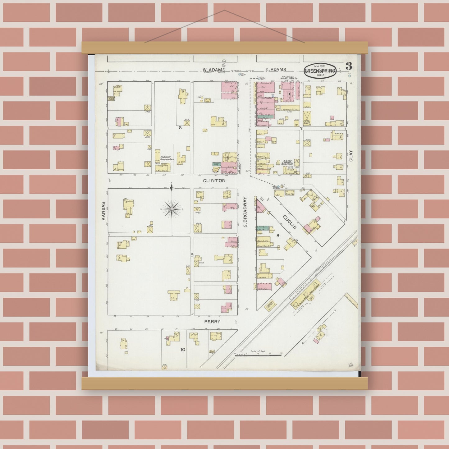 Old map wall art mockup — magnetic wood frame on brick wall — Sanborn Fire Insurance Map from Green Springs, Sandusky And Seneca Counties, Ohio (1893), Sheet #0003