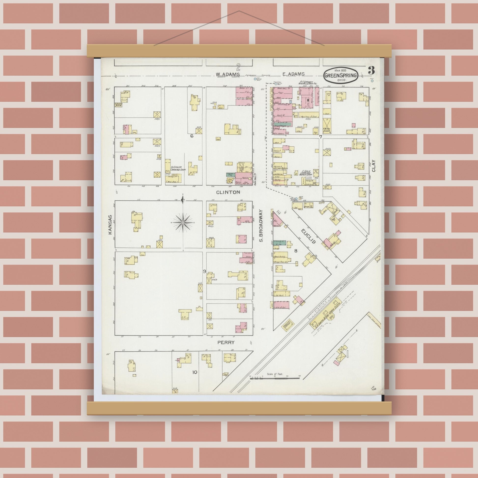 Old map wall art mockup — magnetic wood frame on brick wall — Sanborn Fire Insurance Map from Green Springs, Sandusky And Seneca Counties, Ohio (1893), Sheet #0003