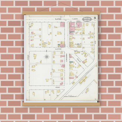 Old map wall art mockup — magnetic wood frame on brick wall — Sanborn Fire Insurance Map from Green Springs, Sandusky And Seneca Counties, Ohio (1893), Sheet #0003