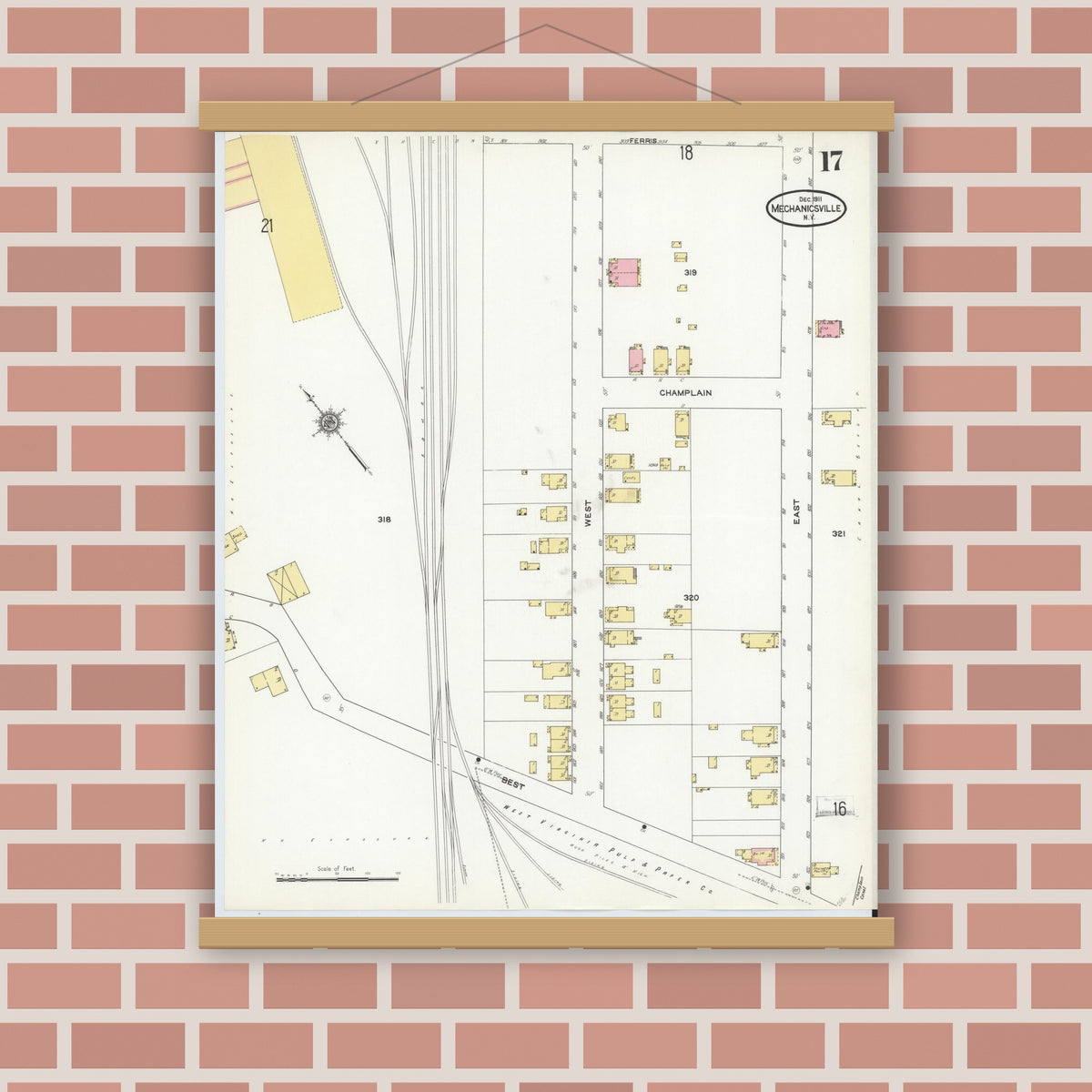 Old map wall art mockup — magnetic wood frame on brick wall — Sanborn Fire Insurance Map from Mechanicville, Saratoga County, New York (1911), Sheet #0017