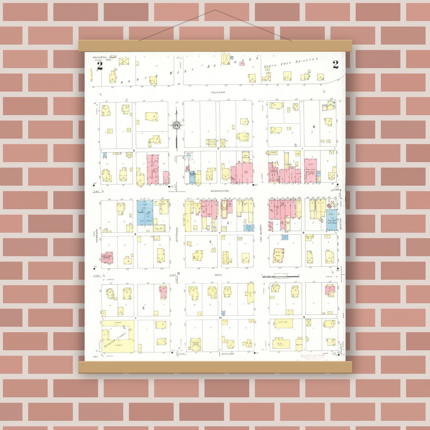 Old map wall art mockup — magnetic wood frame on brick wall — Sanborn Fire Insurance Map from Brighton, Washington County, Iowa (1933), Sheet #0002