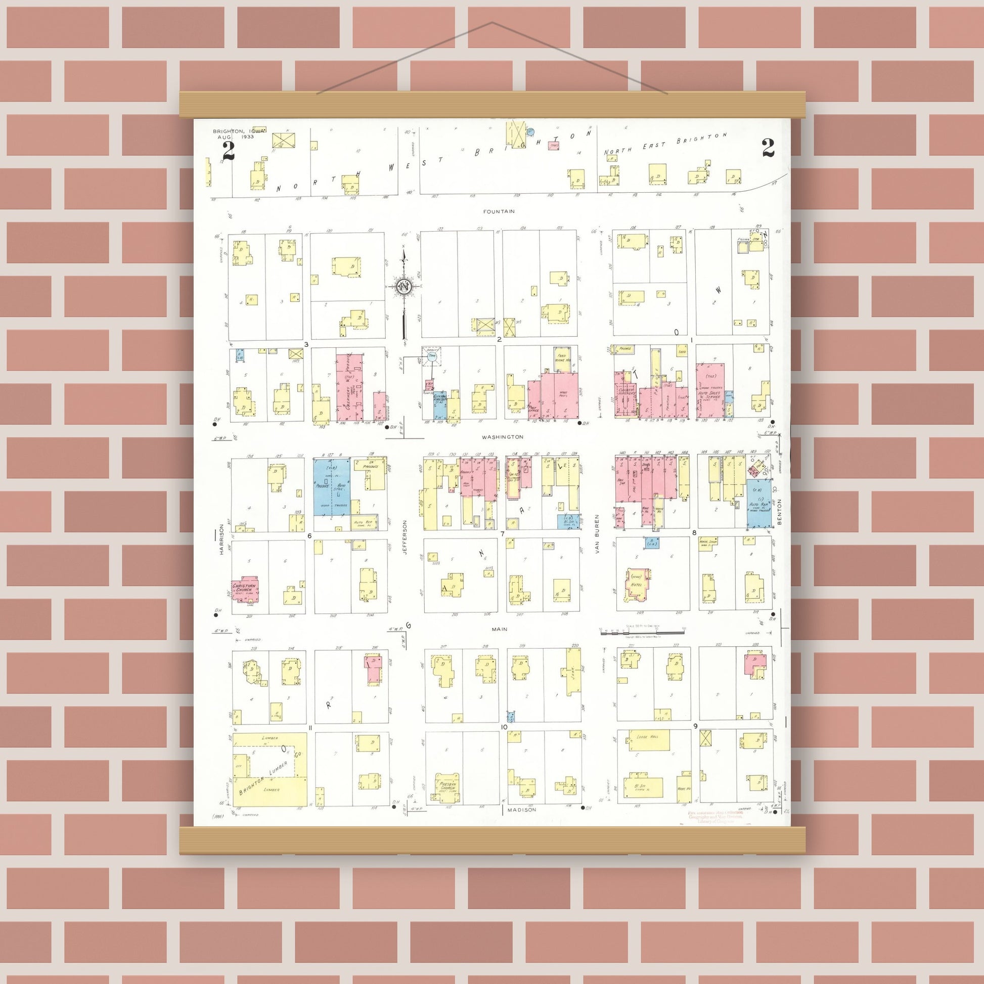Old map wall art mockup — magnetic wood frame on brick wall — Sanborn Fire Insurance Map from Brighton, Washington County, Iowa (1933), Sheet #0002