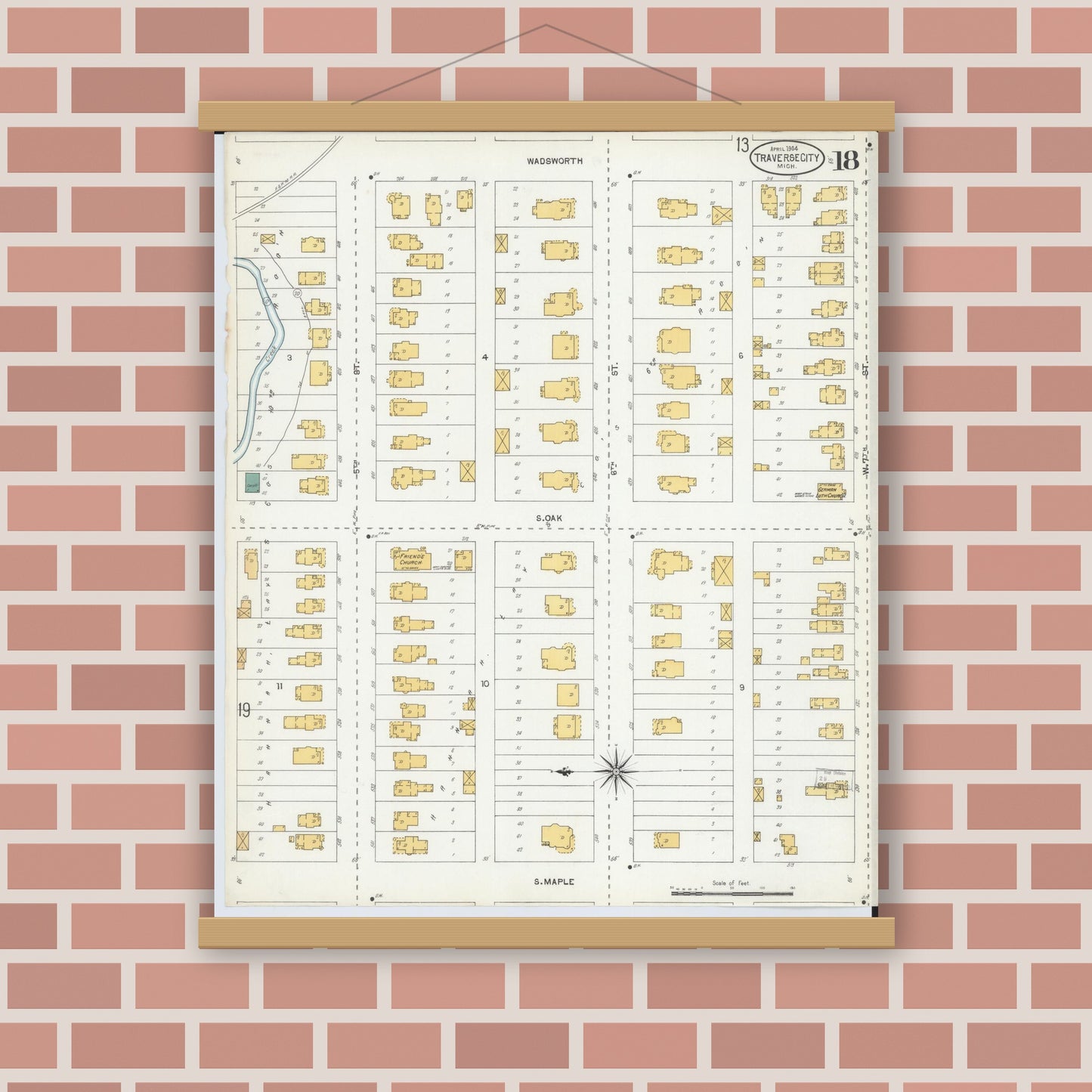 Old map wall art mockup — magnetic wood frame on brick wall — Sanborn Fire Insurance Map from Traverse City, Grand Traverse County, Michigan (1904), Sheet #0018