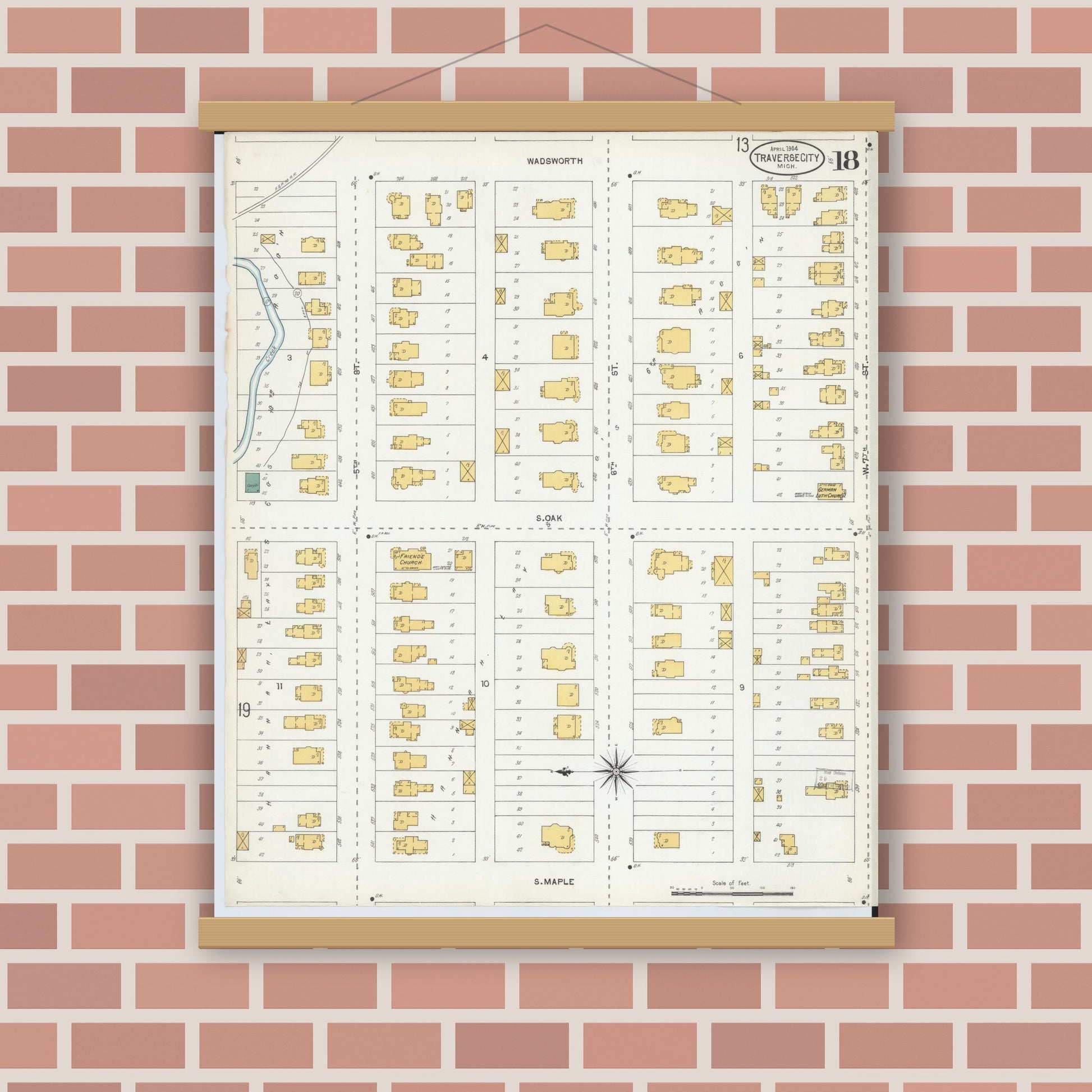 Old map wall art mockup — magnetic wood frame on brick wall — Sanborn Fire Insurance Map from Traverse City, Grand Traverse County, Michigan (1904), Sheet #0018