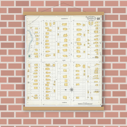 Old map wall art mockup — magnetic wood frame on brick wall — Sanborn Fire Insurance Map from Traverse City, Grand Traverse County, Michigan (1904), Sheet #0018