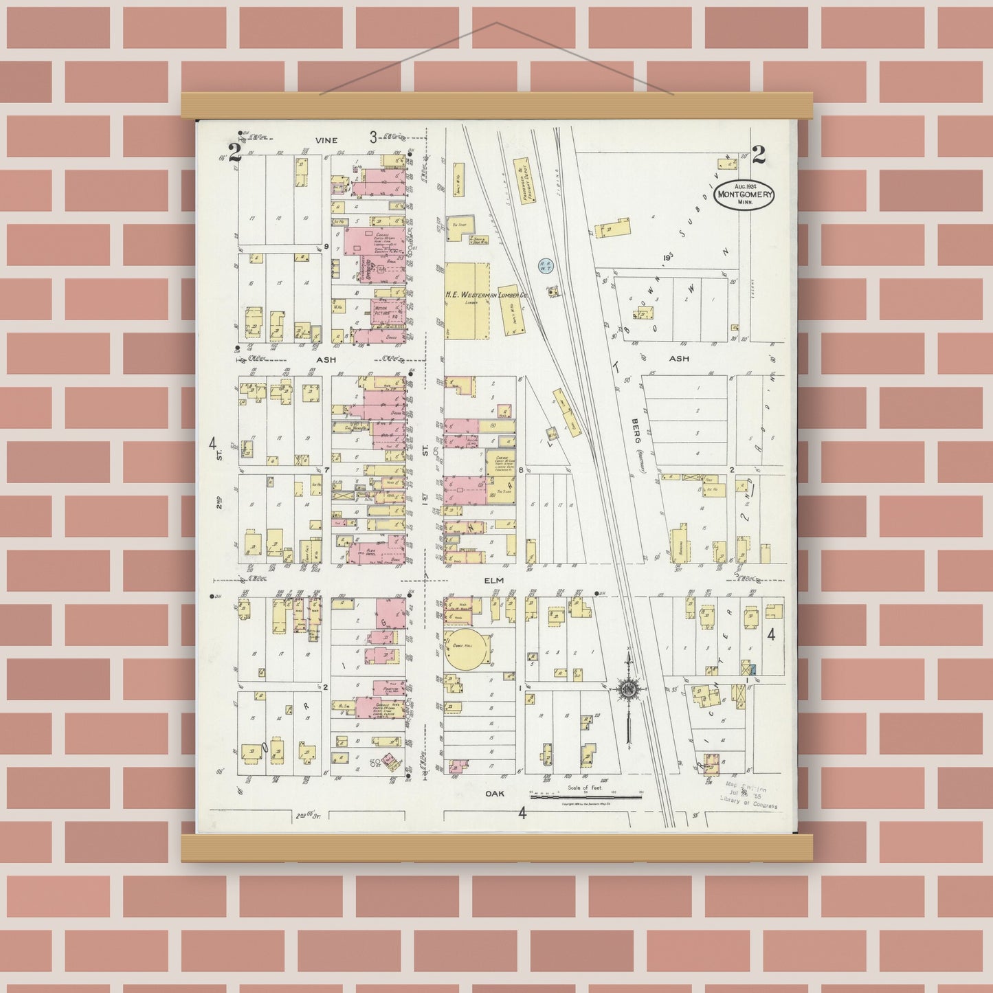 Old map wall art mockup — magnetic wood frame on brick wall — Sanborn Fire Insurance Map from Montgomery, Le Sueur County, Minnesota (1924), Sheet #0002
