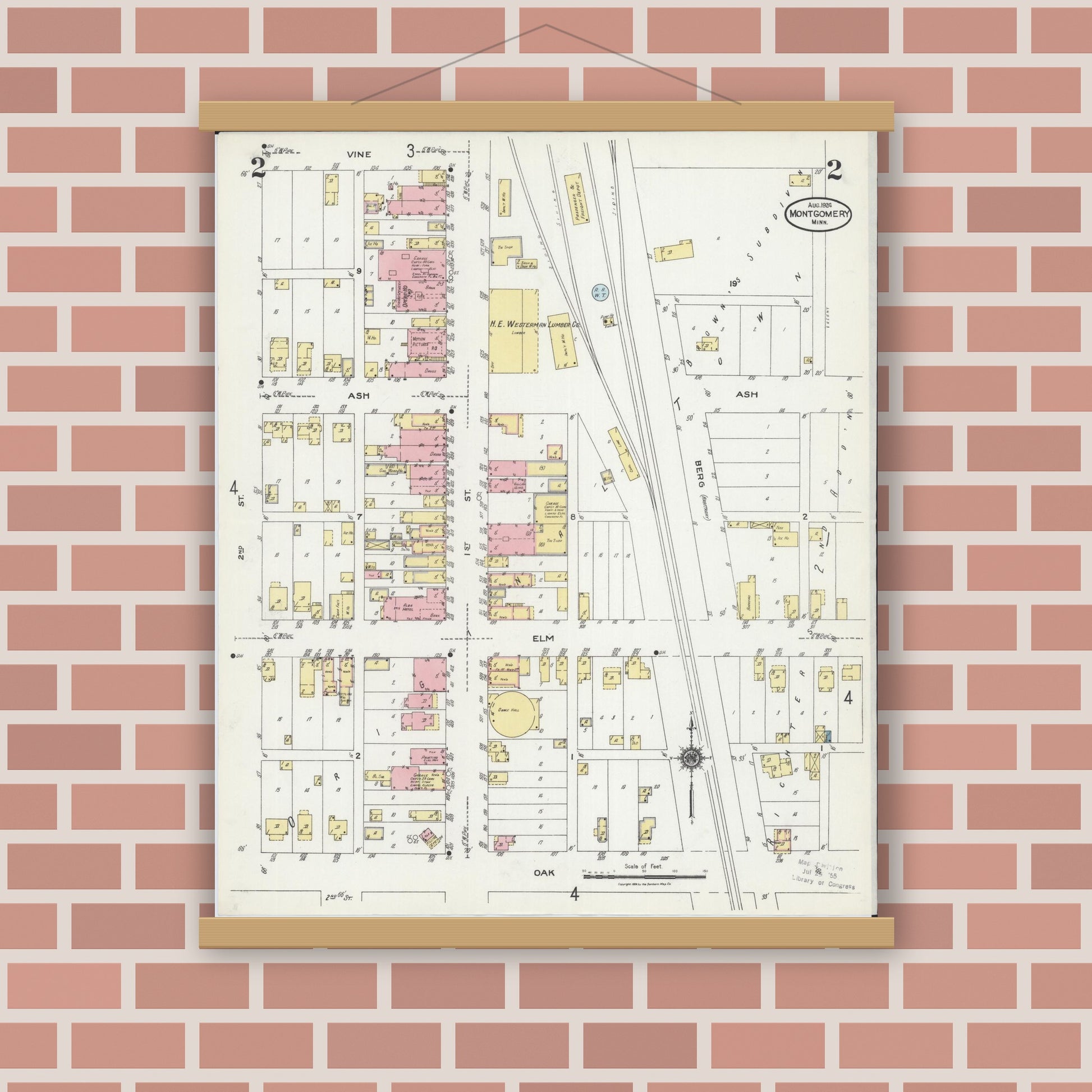 Old map wall art mockup — magnetic wood frame on brick wall — Sanborn Fire Insurance Map from Montgomery, Le Sueur County, Minnesota (1924), Sheet #0002