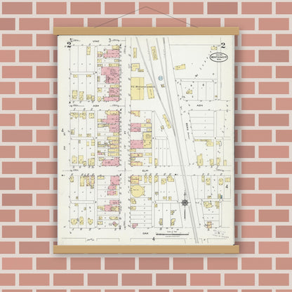 Old map wall art mockup — magnetic wood frame on brick wall — Sanborn Fire Insurance Map from Montgomery, Le Sueur County, Minnesota (1924), Sheet #0002