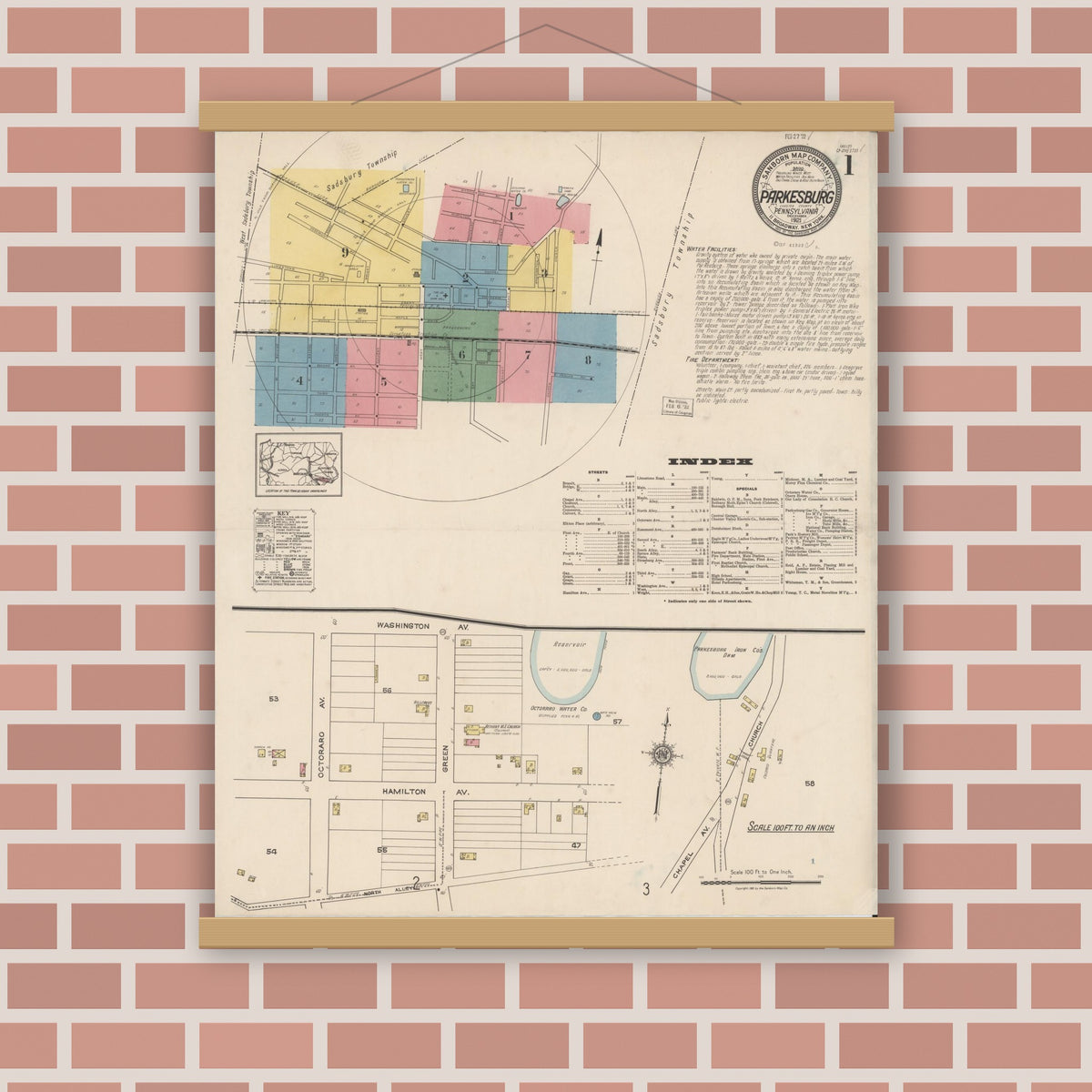 Old map wall art mockup — magnetic wood frame on brick wall — Sanborn Fire Insurance Map from Parkesburg, Chester County, Pennsylvania (1921) - Complete Map Set