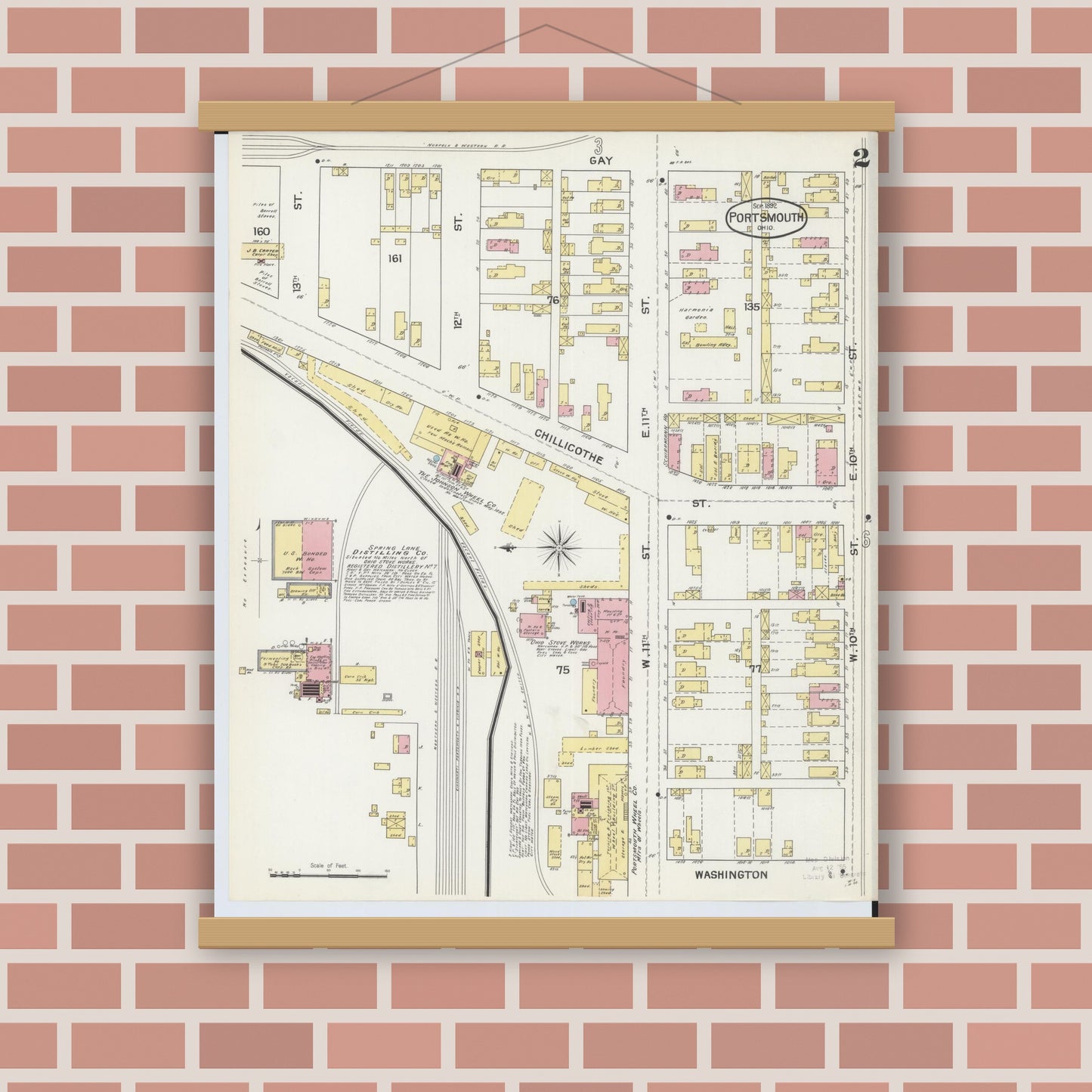 Old map wall art mockup — magnetic wood frame on brick wall — Sanborn Fire Insurance Map from Portsmouth, Scioto County, Ohio (1892), Sheet #0002