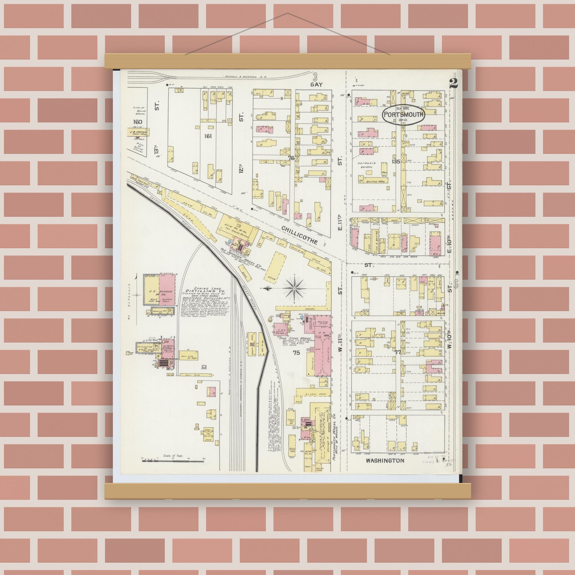 Old map wall art mockup — magnetic wood frame on brick wall — Sanborn Fire Insurance Map from Portsmouth, Scioto County, Ohio (1892), Sheet #0002