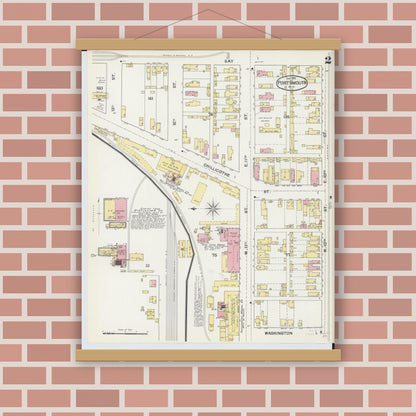 Old map wall art mockup — magnetic wood frame on brick wall — Sanborn Fire Insurance Map from Portsmouth, Scioto County, Ohio (1892), Sheet #0002