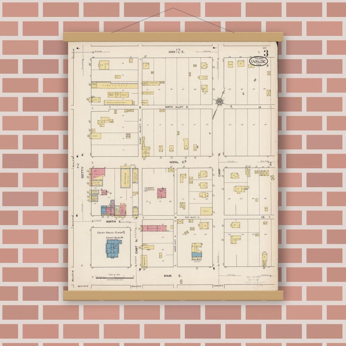 Old map wall art mockup — magnetic wood frame on brick wall — Sanborn Fire Insurance Map from Uvalde, Uvalde County, Texas (1922), Sheet #0003