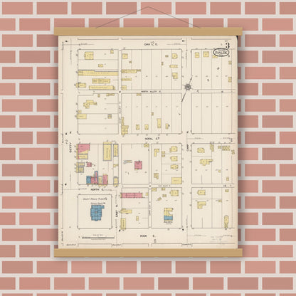 Old map wall art mockup — magnetic wood frame on brick wall — Sanborn Fire Insurance Map from Uvalde, Uvalde County, Texas (1922), Sheet #0003