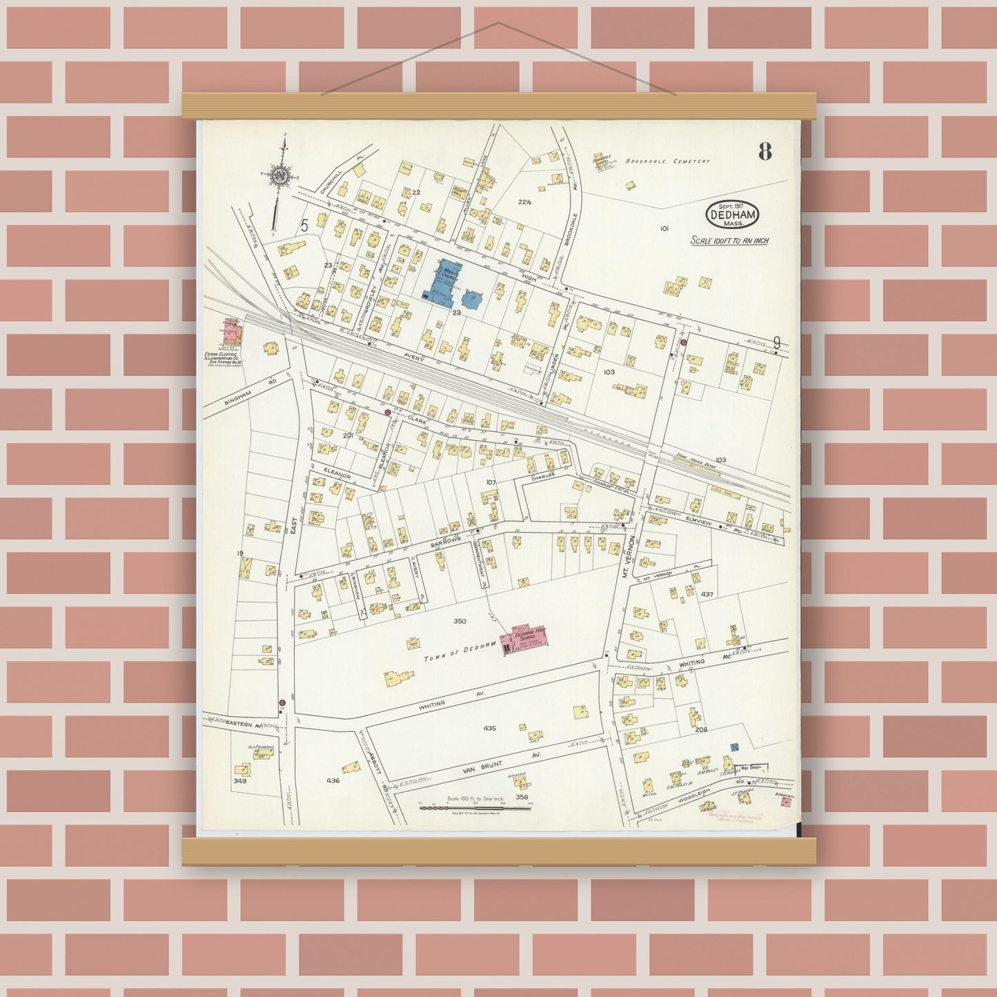 Old map wall art mockup — magnetic wood frame on brick wall — Sanborn Fire Insurance Map from Dedham, Norfolk County, Massachusetts (1917), Sheet #0008