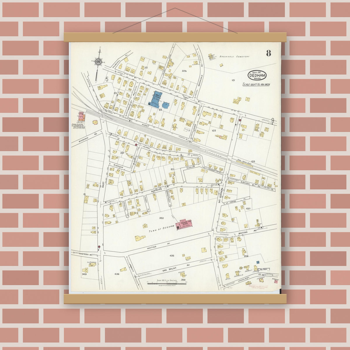 Old map wall art mockup — magnetic wood frame on brick wall — Sanborn Fire Insurance Map from Dedham, Norfolk County, Massachusetts (1917), Sheet #0008