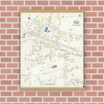 Old map wall art mockup — magnetic wood frame on brick wall — Sanborn Fire Insurance Map from Dedham, Norfolk County, Massachusetts (1917), Sheet #0008