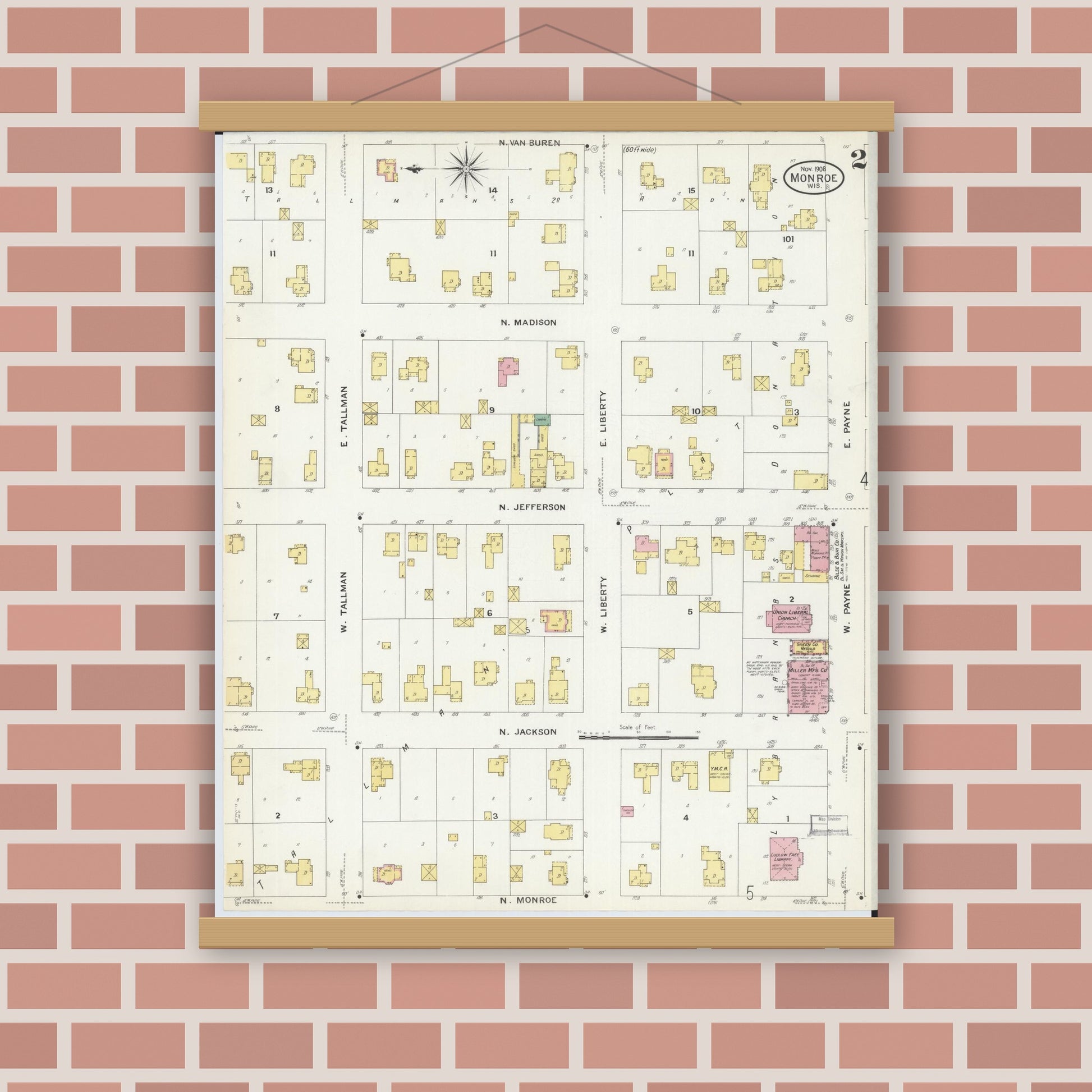 Old map wall art mockup — magnetic wood frame on brick wall — Sanborn Fire Insurance Map from Monroe, Green County, Wisconsin (1908), Sheet #0002