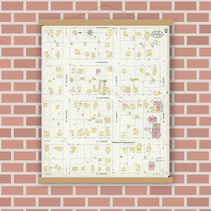 Old map wall art mockup — magnetic wood frame on brick wall — Sanborn Fire Insurance Map from Monroe, Green County, Wisconsin (1908), Sheet #0002