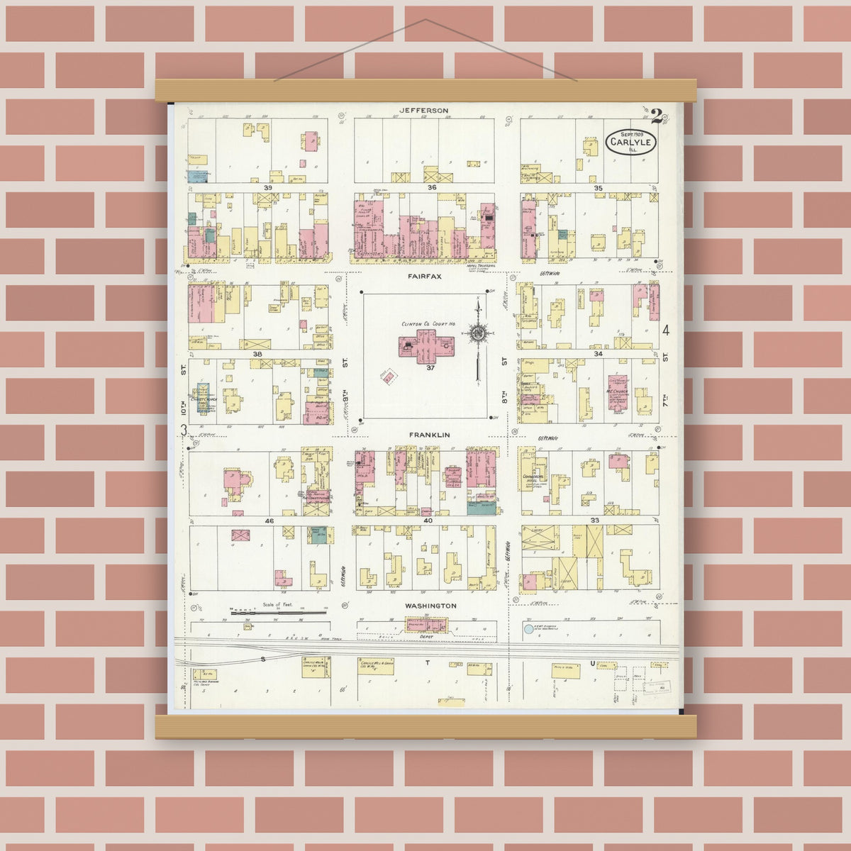 Old map wall art mockup — magnetic wood frame on brick wall — Sanborn Fire Insurance Map from Carlyle, Clinton County, Illinois (1909), Sheet #0002