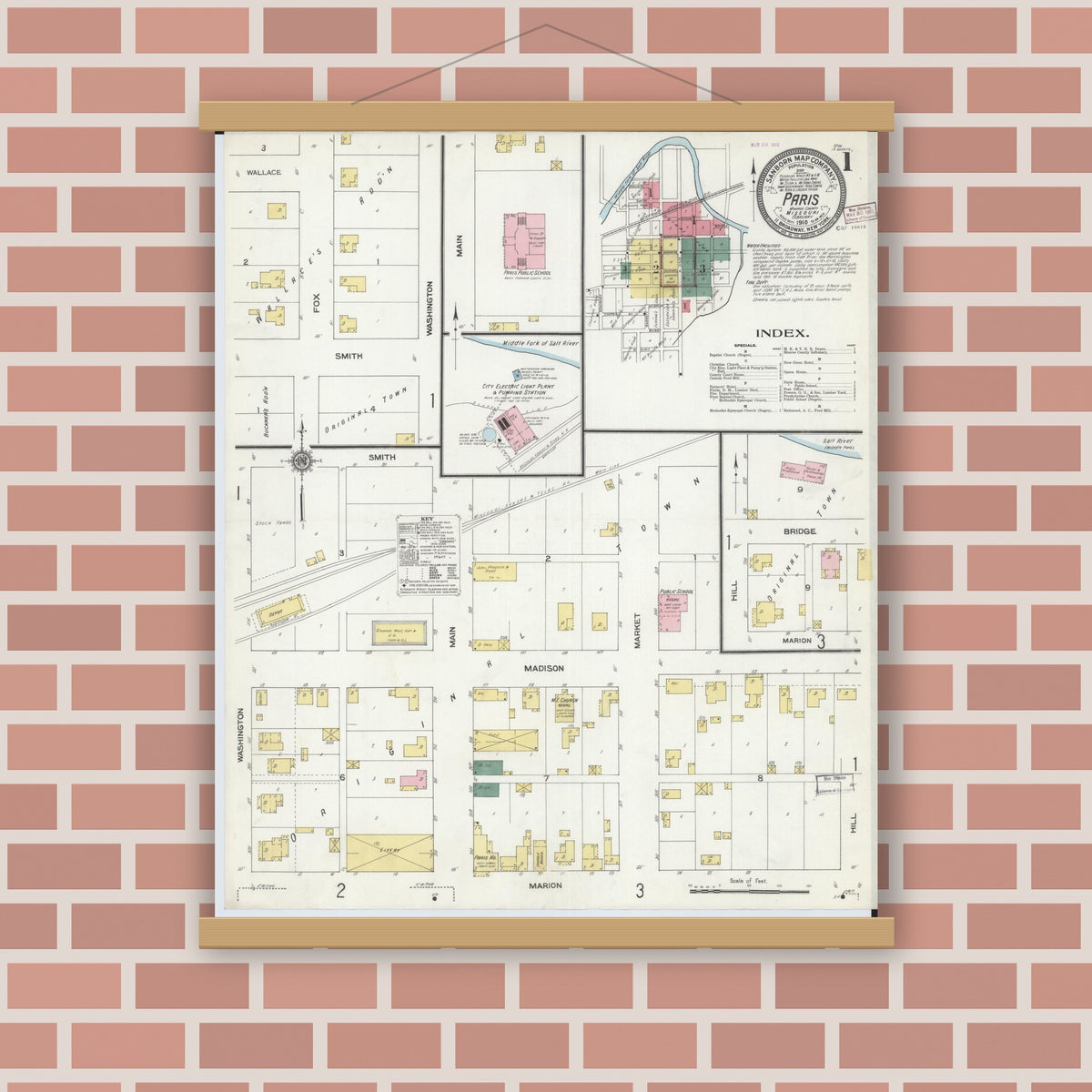 Old map wall art mockup — magnetic wood frame on brick wall — Sanborn Fire Insurance Map from Paris, Monroe County, Missouri (1910) - Complete Map Set