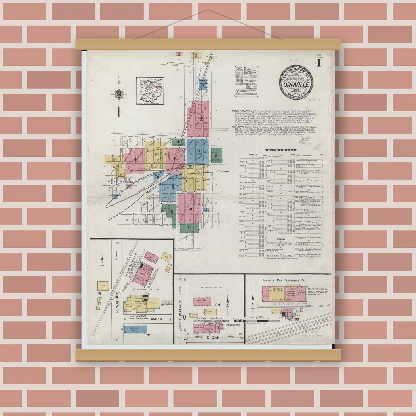 Old map wall art mockup — magnetic wood frame on brick wall — Sanborn Fire Insurance Map from Orrville, Wayne County, Ohio (1920), Sheet #0001