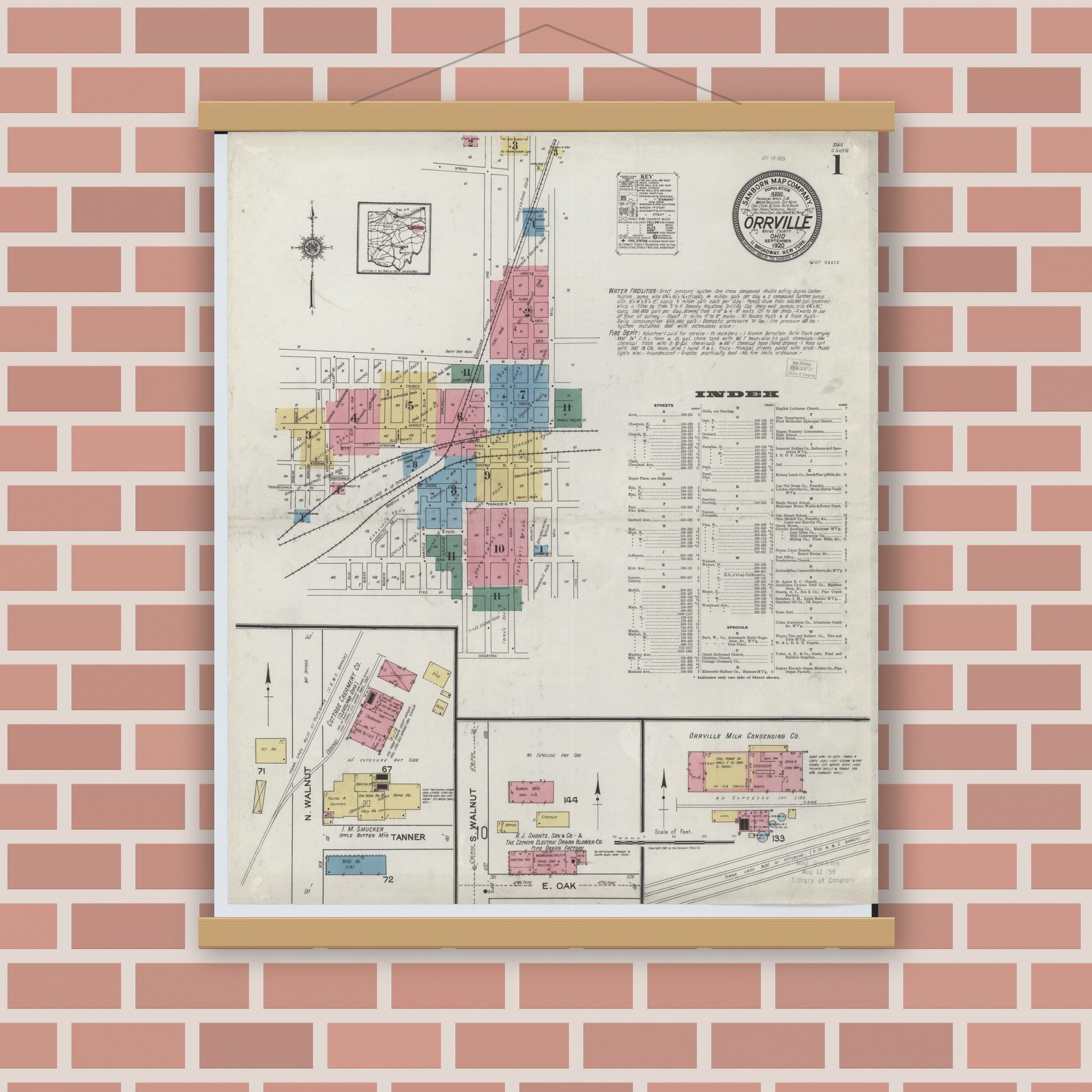 Old map wall art mockup — magnetic wood frame on brick wall — Sanborn Fire Insurance Map from Orrville, Wayne County, Ohio (1920), Sheet #0001