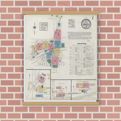 Old map wall art mockup — magnetic wood frame on brick wall — Sanborn Fire Insurance Map from Orrville, Wayne County, Ohio (1920), Sheet #0001