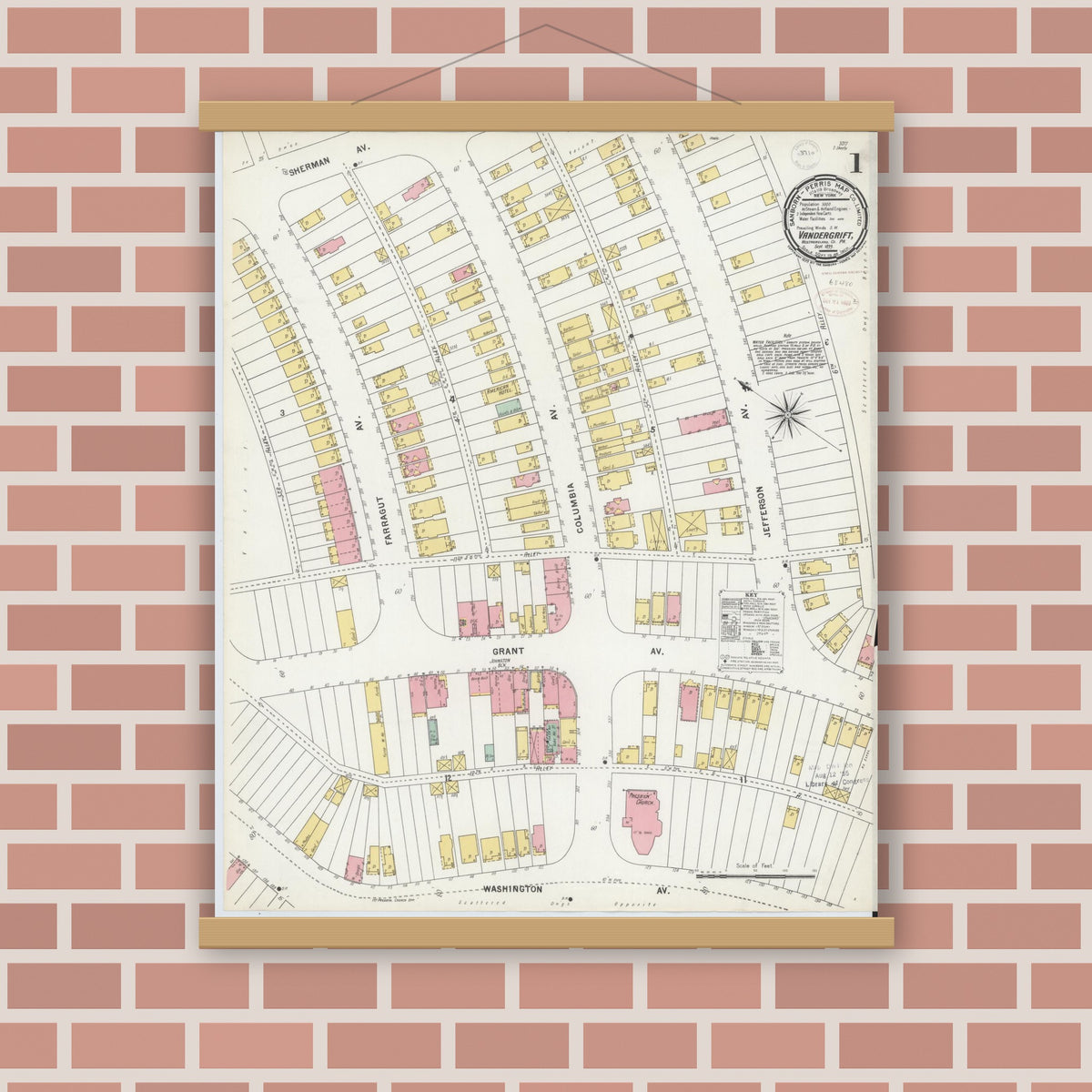 Old map wall art mockup — magnetic wood frame on brick wall — Sanborn Fire Insurance Map from Vandergrift, Westmoreland County, Pennsylvania (1899) - Complete Map Set
