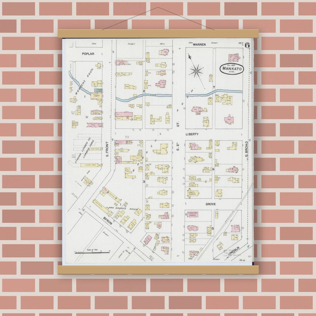 Old map wall art mockup — magnetic wood frame on brick wall — Sanborn Fire Insurance Map from Mankato, Blue Earth County, Minnesota (1889), Sheet #0006