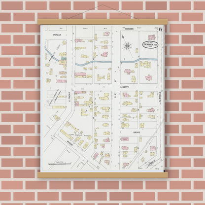 Old map wall art mockup — magnetic wood frame on brick wall — Sanborn Fire Insurance Map from Mankato, Blue Earth County, Minnesota (1889), Sheet #0006
