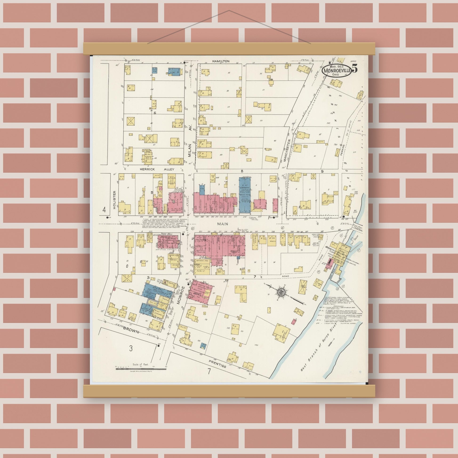 Old map wall art mockup — magnetic wood frame on brick wall — Sanborn Fire Insurance Map from Monroeville, Huron County, Ohio (1922), Sheet #0005