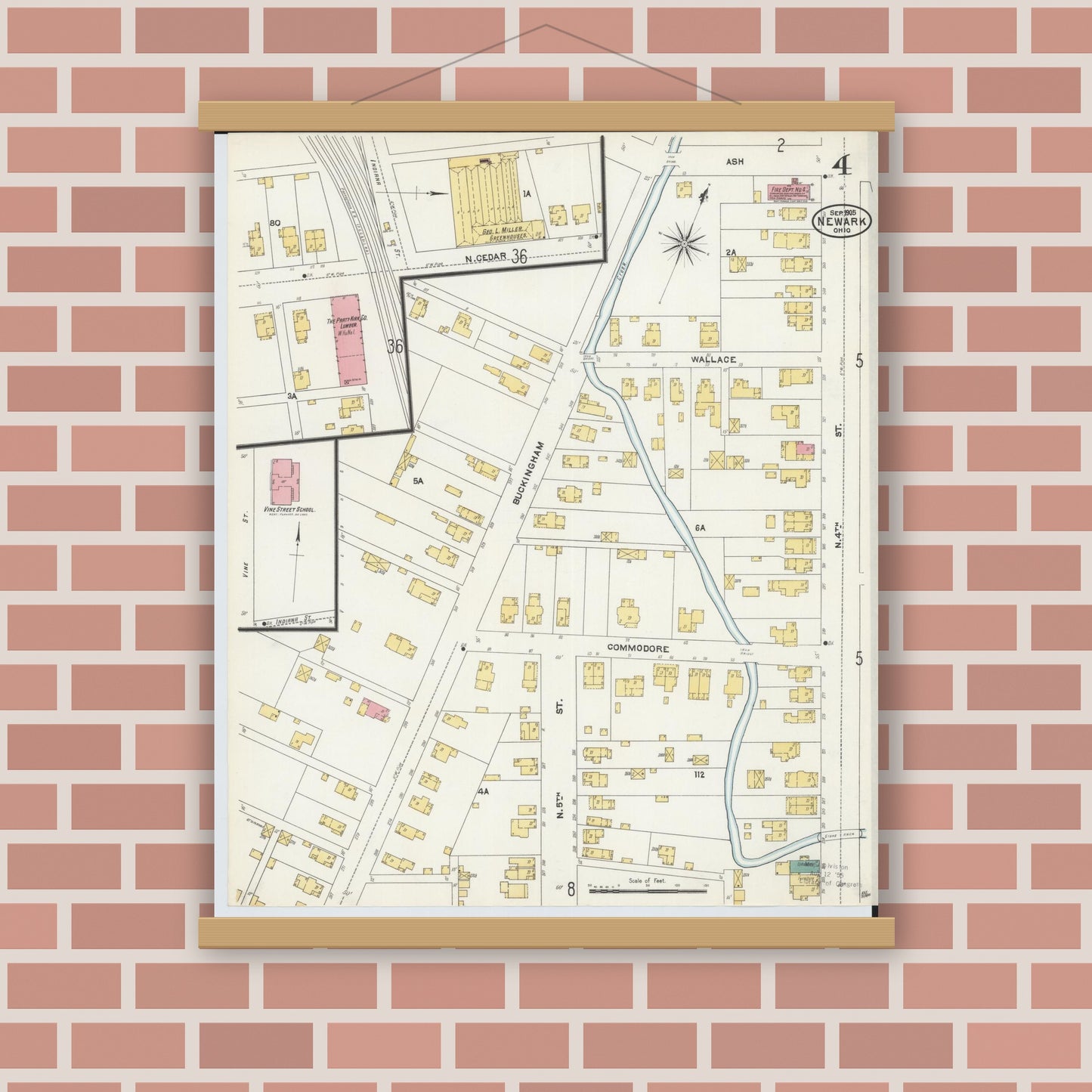 Old map wall art mockup — magnetic wood frame on brick wall — Sanborn Fire Insurance Map from Newark, Licking County, Ohio (1905), Sheet #0004