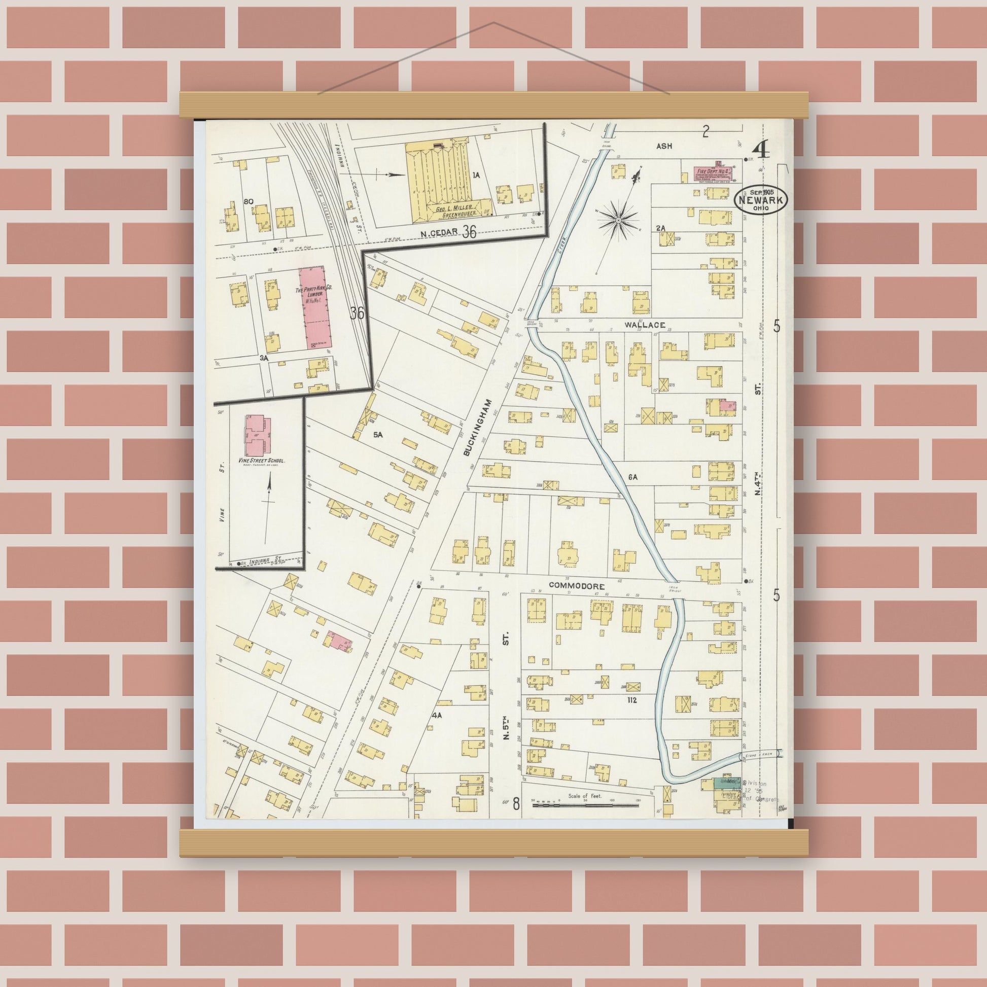 Old map wall art mockup — magnetic wood frame on brick wall — Sanborn Fire Insurance Map from Newark, Licking County, Ohio (1905), Sheet #0004