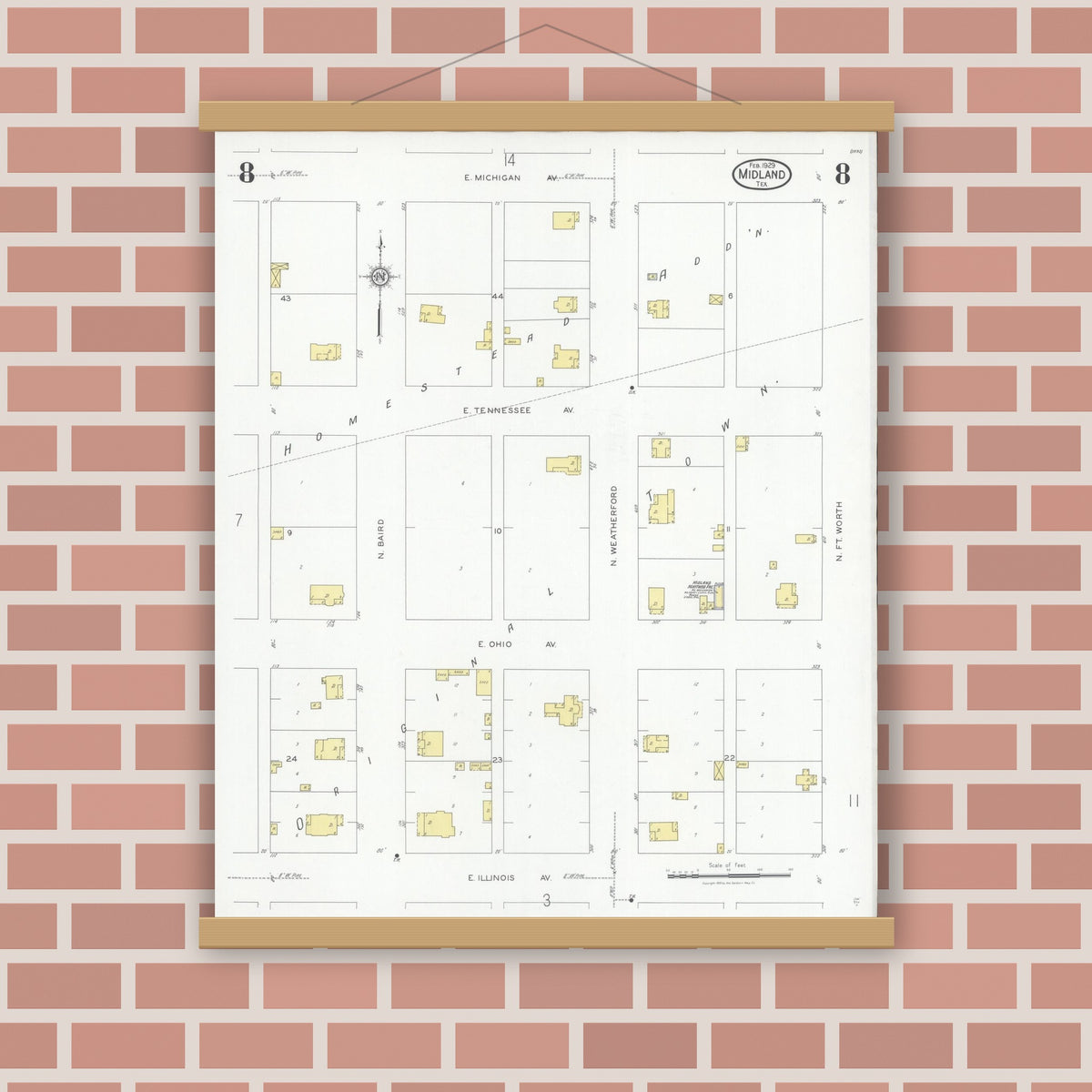 Old map wall art mockup — magnetic wood frame on brick wall — Sanborn Fire Insurance Map from Midland, Midland County, Texas (1929), Sheet #0008