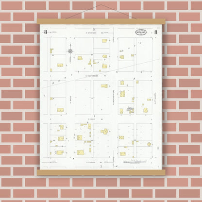 Old map wall art mockup — magnetic wood frame on brick wall — Sanborn Fire Insurance Map from Midland, Midland County, Texas (1929), Sheet #0008