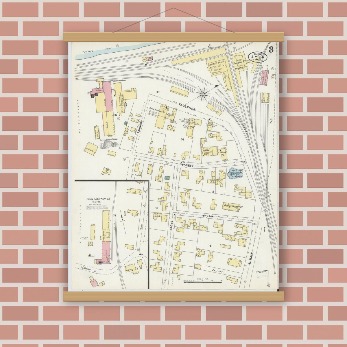 Old map wall art mockup — magnetic wood frame on brick wall — Sanborn Fire Insurance Map from Ayer, Middlesex County, Massachusetts (1897), Sheet #0003