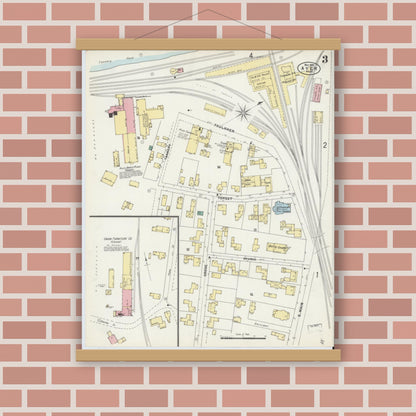 Old map wall art mockup — magnetic wood frame on brick wall — Sanborn Fire Insurance Map from Ayer, Middlesex County, Massachusetts (1897), Sheet #0003