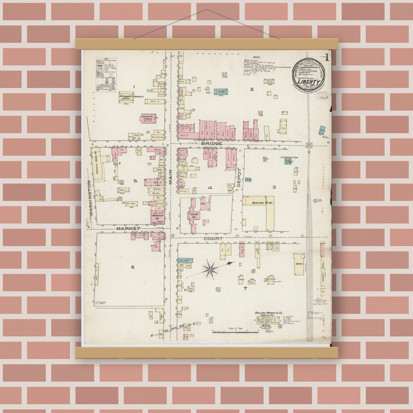 Old map wall art mockup — magnetic wood frame on brick wall — Sanborn Fire Insurance Map from Liberty, Bedford County, Virginia (1886) - Complete Map Set