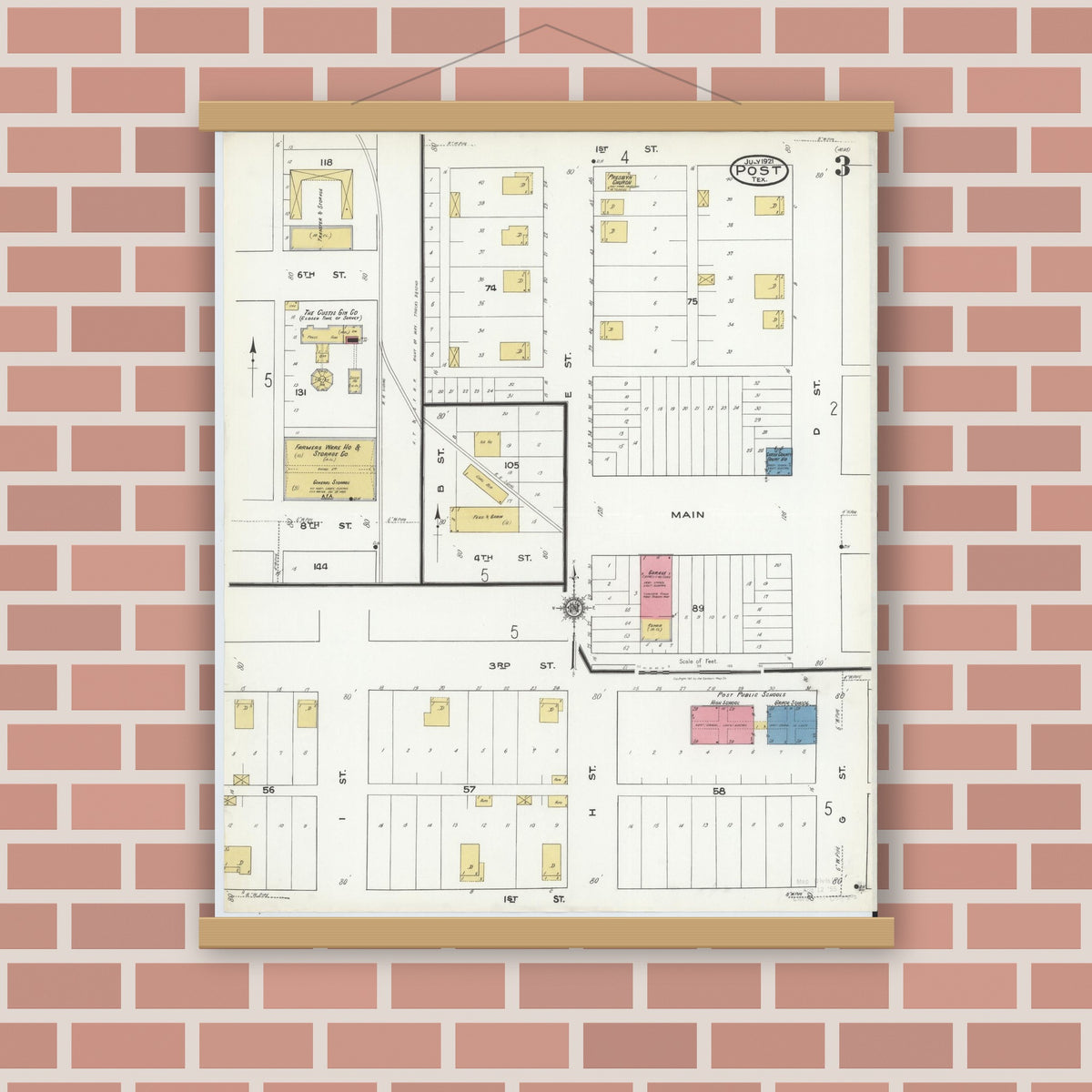 Old map wall art mockup — magnetic wood frame on brick wall — Sanborn Fire Insurance Map from Post, Garza County, Texas (1921), Sheet #0003