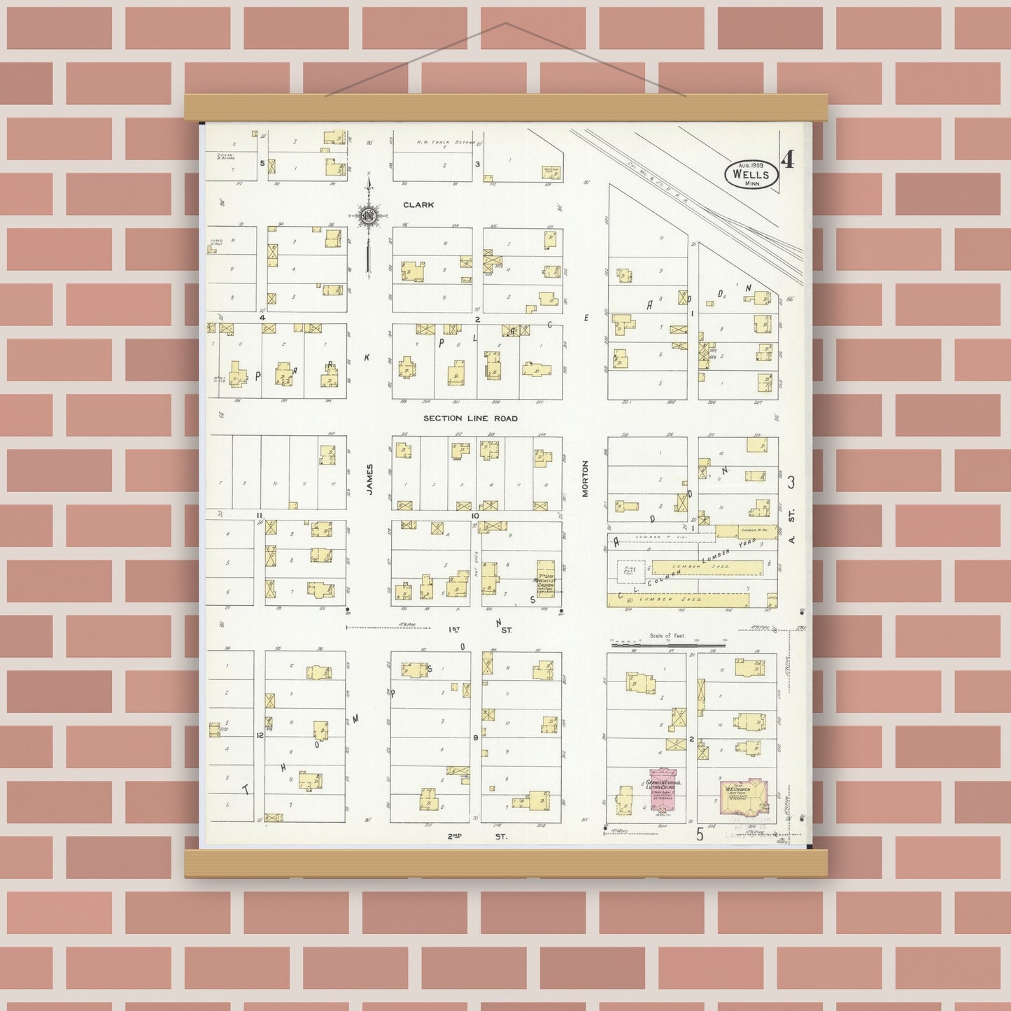 Old map wall art mockup — magnetic wood frame on brick wall — Sanborn Fire Insurance Map from Wells, Faribault County, Minnesota (1909), Sheet #0004