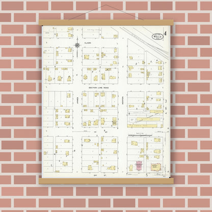 Old map wall art mockup — magnetic wood frame on brick wall — Sanborn Fire Insurance Map from Wells, Faribault County, Minnesota (1909), Sheet #0004