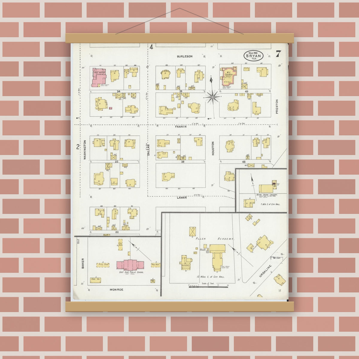 Old map wall art mockup — magnetic wood frame on brick wall — Sanborn Fire Insurance Map from Bryan, Brazos County, Texas (1906), Sheet #0007