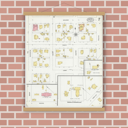 Old map wall art mockup — magnetic wood frame on brick wall — Sanborn Fire Insurance Map from Bryan, Brazos County, Texas (1906), Sheet #0007