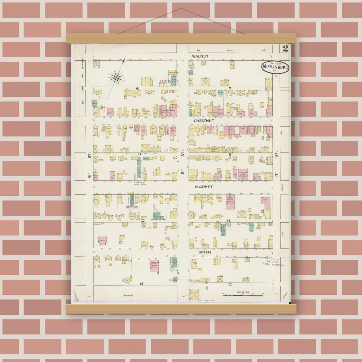 Old map wall art mockup — magnetic wood frame on brick wall — Sanborn Fire Insurance Map from Mifflinburg, Union County, Pennsylvania (1887), Sheet #0002